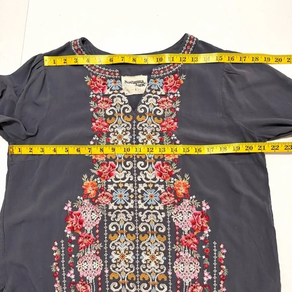 Savanna Jane Charcoal Gray Embroidered Tunic Top Size Large Boho Peasant Blouse - Picture 12 of 13